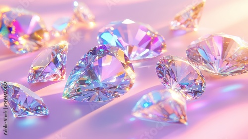 Scattered brilliant-cut diamonds on a soft pink surface, exhibiting vibrant rainbow iridescence under soft lighting