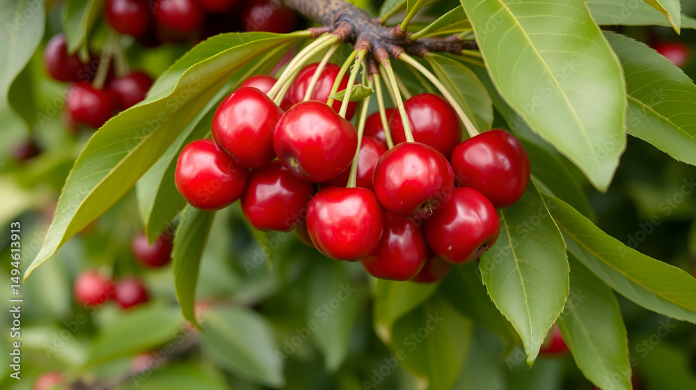 Obraz premium Fresh, plump cherries on a branch with green leaves. Clusters of vibrant red cherries hang from a twig, contrasted by lush, healthy leaves