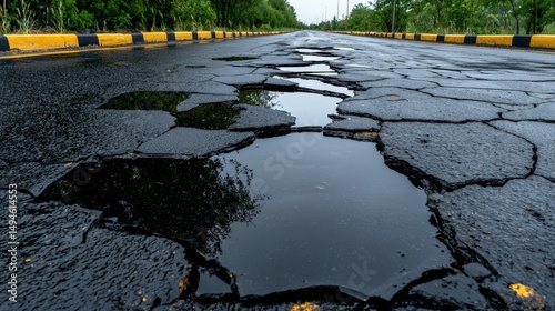 Potholes filled with water create a dangerous and damaged road surface, posing a risk to vehicles and highlighting infrastructure decay on an overcast day.
