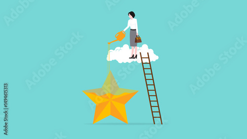 ambition or motivation to succeed or to excel, aspiration and effort to improve, develop and best performance, ambitious businesswoman filled success gold star price metaphor