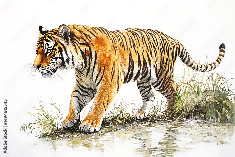 Obraz premium Watercolor painting of a tiger walking through shallow water with grass on a white background