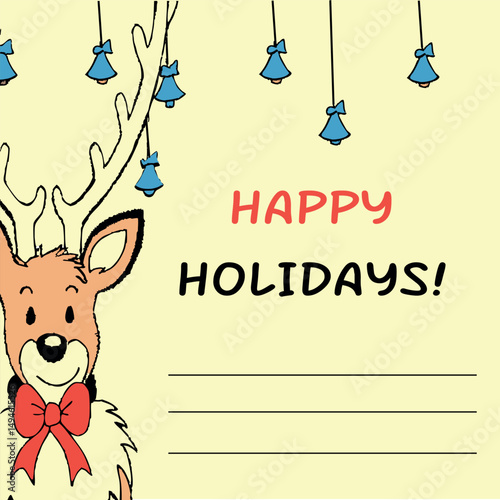Doodle style holiday card Merry Christmas with cartoon reindeer and decorations, with happy holidays lettering