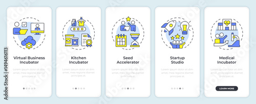 Business incubators onboarding mobile app screen. Remote support. Walkthrough 5 steps editable graphic instructions with linear concepts. UI, UX, GUI. Montserrat SemiBold, Regular fonts used