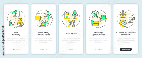 Business incubators benefits onboarding mobile app screen. Walkthrough 5 steps editable graphic instructions with linear concepts. UI, UX, GUI. Montserrat SemiBold, Regular fonts used