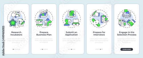 Business incubator selection onboarding mobile app screen. Walkthrough 5 steps editable graphic instructions with linear concepts. UI, UX, GUI. Montserrat SemiBold, Regular fonts used