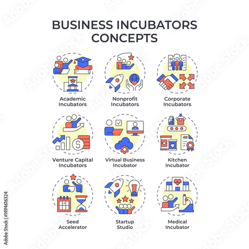 Business incubators multi color concept icons. Venture capital, funding. Academic, nonprofit. Icon pack. Vector images. Round shape illustrations for infographic, brochure. Abstract idea