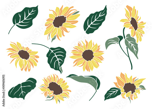 Hand drawn yellow sunflower vector set with green leaves, botanical elements, perfect for floral designs, invitations, and nature themed projects. Isolated on transparent background