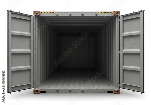 Open Shipping Container Interior with Doors Ajar, Isolated on White Background.