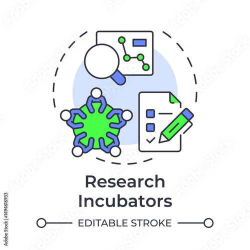 Research incubators multi color concept icon. Teamwork, brainstorm. Statistical metrics, analytics. Round shape line illustration. Abstract idea. Graphic design. Easy to use in infographic, brochure
