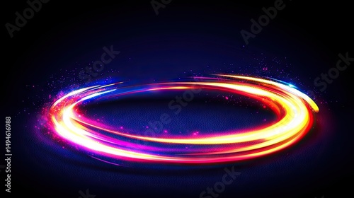 Colorful circular light trails on a dark backdrop.