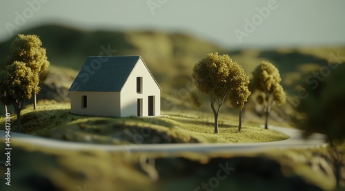 A minimalist, white house sits atop a verdant hill, nestled amongst trees and a winding road, bathed in soft sunlight