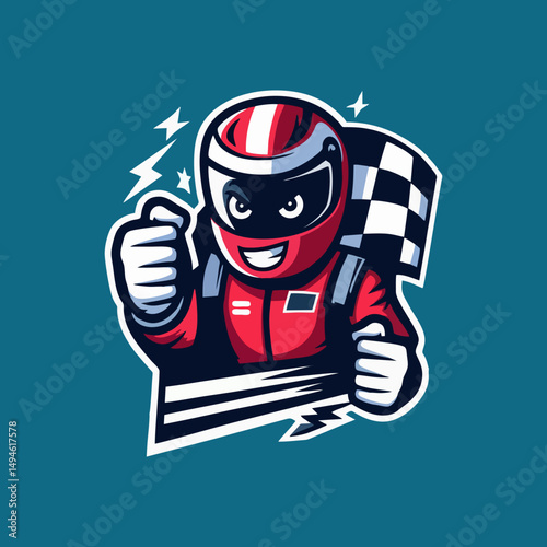 Dynamic Racing Mascot Vector Illustration with Sporty Style Fast Cartoon Character Wearing Helmet and Suit in Adrenaline Action Pose for Logo Branding Sticker Gaming Identity Merchandise