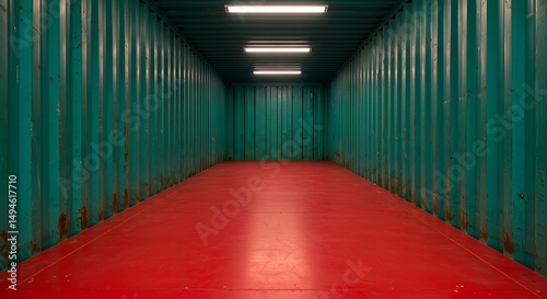 Interior of a teal shipping container with a red floor and fluorescent lighting