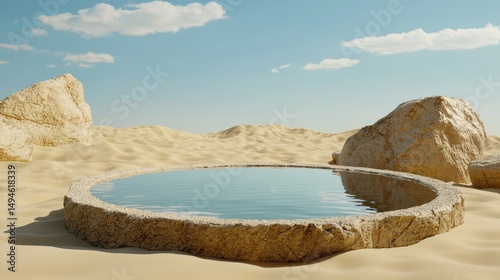 A tranquil desert oasis with crystal-clear water reflecting the bright blue sky and scattered clouds sits peacefully among large sandstone rocks and sandy dunes.