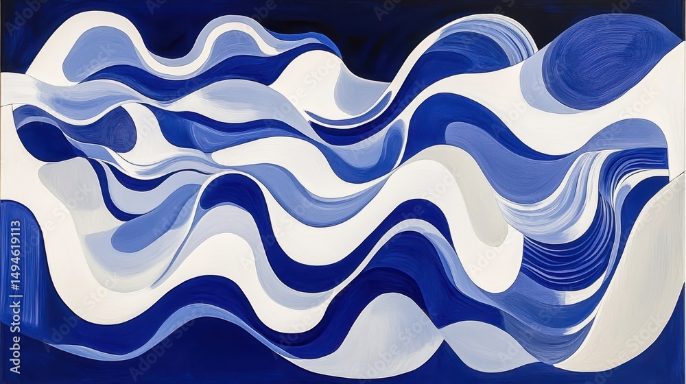 Fototapeta premium Abstract painting of swirling, flowing forms in shades of blue and white, creating a dynamic, wave-like composition