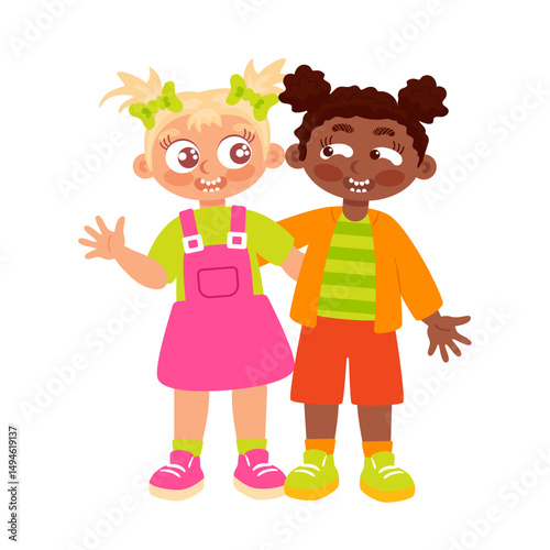 Cheerful Happy Friendship Day vector illustration featuring two playful girls a a black girl and a blonde laughingly embracing each other, symbolizing friendship s joy and diversity.