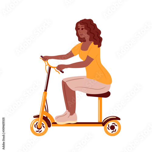 A confident black woman in a bright orange top and stylish beige breeches rides a yellow scooter while sitting. Her happy expression reflects the spirit of freedom and adventure as she enjoys her ride