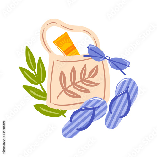 This vector illustration features a stylish shopper tote, trendy sunglasses, comfy flip-flops, and a bottle of sunscreen, embodying the essentials for a fun day at the beach or enjoying the sunny
