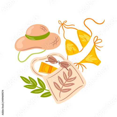 A vibrant vector illustration featuring a stylish shopper s bag, trendy sunglasses, a chic hat, colorful bikini, and a bottle of sunscreen, embodying the essence of summer leisure and beach fun.