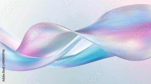 Iridescent pastel ribbons intertwine and flow across a soft, light background, creating an ethereal, flowing abstract design