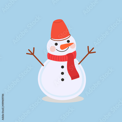 Snowman vector illustration. Cheerful snowman with classic design. Bucket hat, carrot nose, scarf, and raised stick arms in joyful pose.