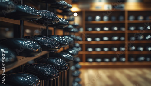 Golf club heads displayed on shelves in a store