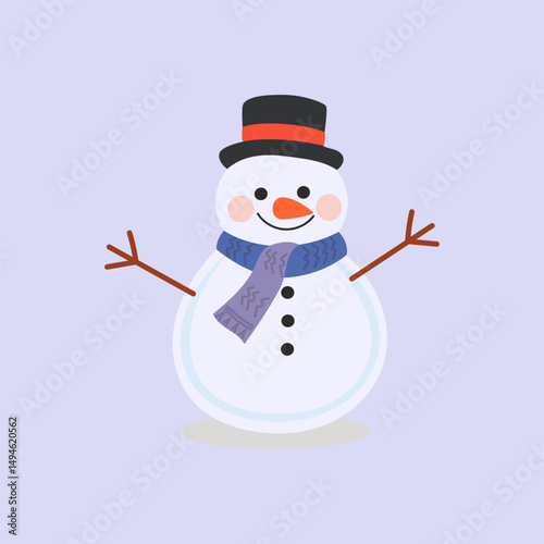 Happy snowman illustration. Cute hat on head, scarf, and carrot nose with a cheerful, traditional snowman look. Snowman vector illustration