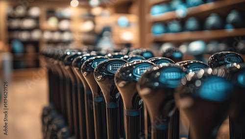 Close-up of many black golf club grips in a shop