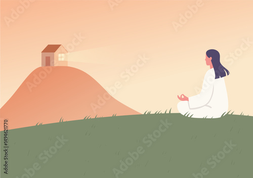 A woman meditating on the lawn, looking towards a house on a hill, representing a sense of peace and inner tranquility.