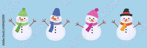 Fun winter snowmen in cartoon style. Festive snowman characters with happy faces and holiday accessories.