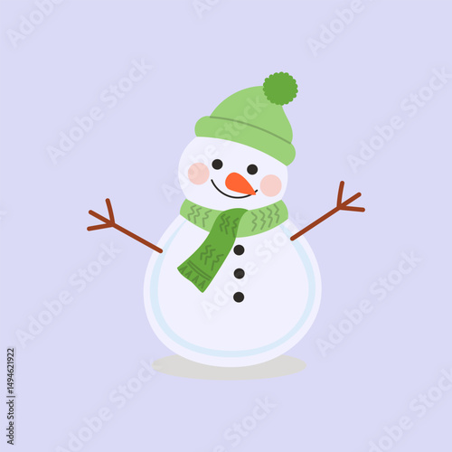 Cartoon snowman in winter clothes vector illustration.  Carrot nose, coal eyes, pom-pom hat, and a happy holiday look.