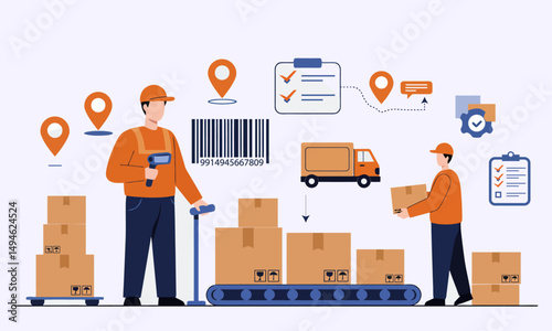 Warehouse Logistics and Inventory Management Illustration. a man in a warehouse or factory setting, managing inventory and logistics with boxes, a forklift, and a large barcode scanner.
