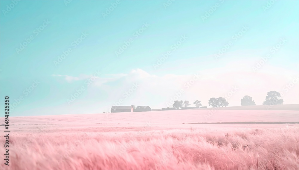 Fototapeta premium Tranquil sunrise over pink wheat fields rural landscape nature photography serene environment wide-angle view dreamy concept
