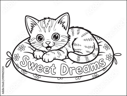 Adorable Kitten on Pillow Sweet Dreams Coloring Page