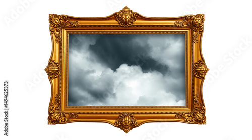 Beautiful frame in golden color with clouds photograh inside frame transparent background  photo