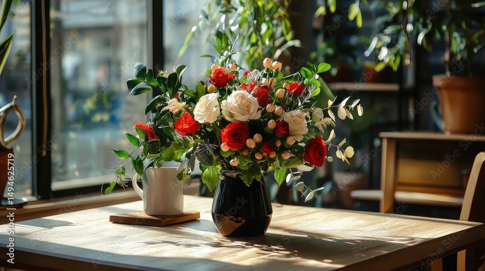 Fototapeta premium A vibrant bouquet of red and white roses adorns a wooden table near a sunlit window, casting a warm, inviting glow in the cozy room with potted plants.