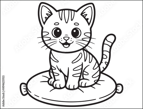 Adorable Cartoon Kitten Sitting on a Pillow Coloring Page