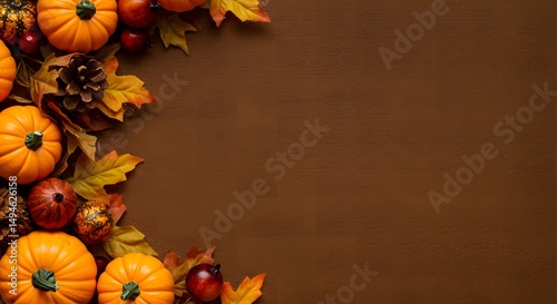 autumn thanksgiving wallpaper with pumpkin and maple decoration and brown fabric as background , generated by Ai