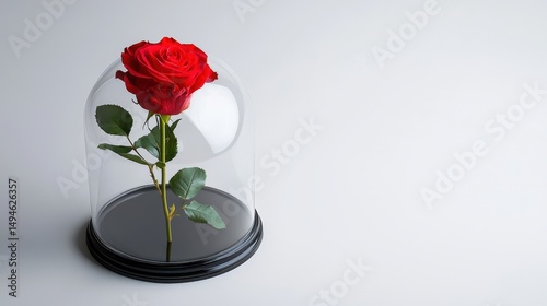 Wallpaper Mural A vibrant red rose with green leaves is carefully preserved under a delicate glass dome, displayed against a minimalist white background on a black base. Torontodigital.ca