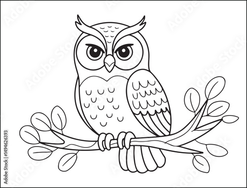 Cute Cartoon Owl Perched on Branch Coloring Page