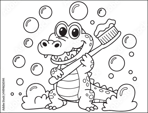 Cute Cartoon Crocodile Brushing Teeth Coloring Page