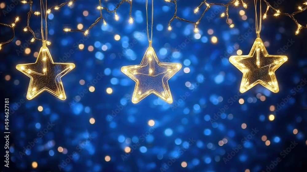 Fototapeta premium Illuminated Star Ornaments Hanging Against a Blue Bokeh Background