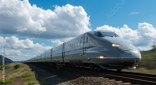 High Speed Train Traveling Fast Across Countryside with Cloudy Sky