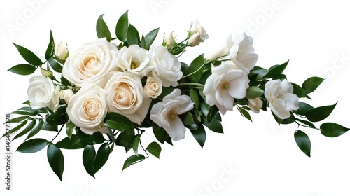 An elegant floral arrangement featu creamy white roses and delicate white flowers with lush green leaves is displayed against a pure white backdrop perfectly.