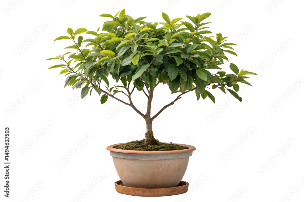 Fototapeta premium Small potted ficus bonsai tree with brown trunk and green leaves isolated on white
