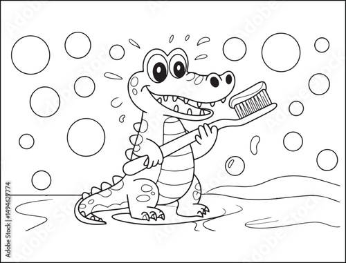 Cute Cartoon Crocodile Brushing Teeth Coloring Page