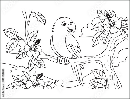 Cute Parrot on Branch with Hibiscus Flowers Coloring Page
