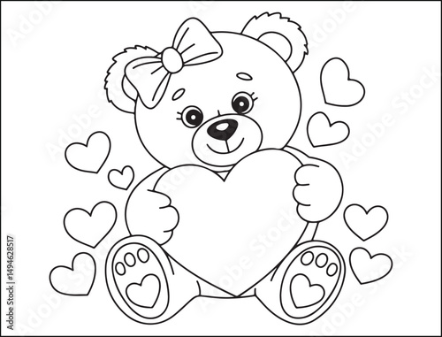 Adorable Teddy Bear Holding Heart Valentines Day Coloring Page