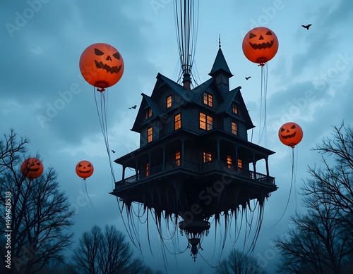 Haunted Floating Mansion with Halloween Balloons Art Print