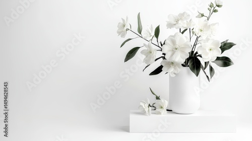 Wallpaper Mural A beautiful bouquet of white flowers artfully arranged in a simple white vase is displayed on a white pedestal against a bright, clean white background scene. Torontodigital.ca